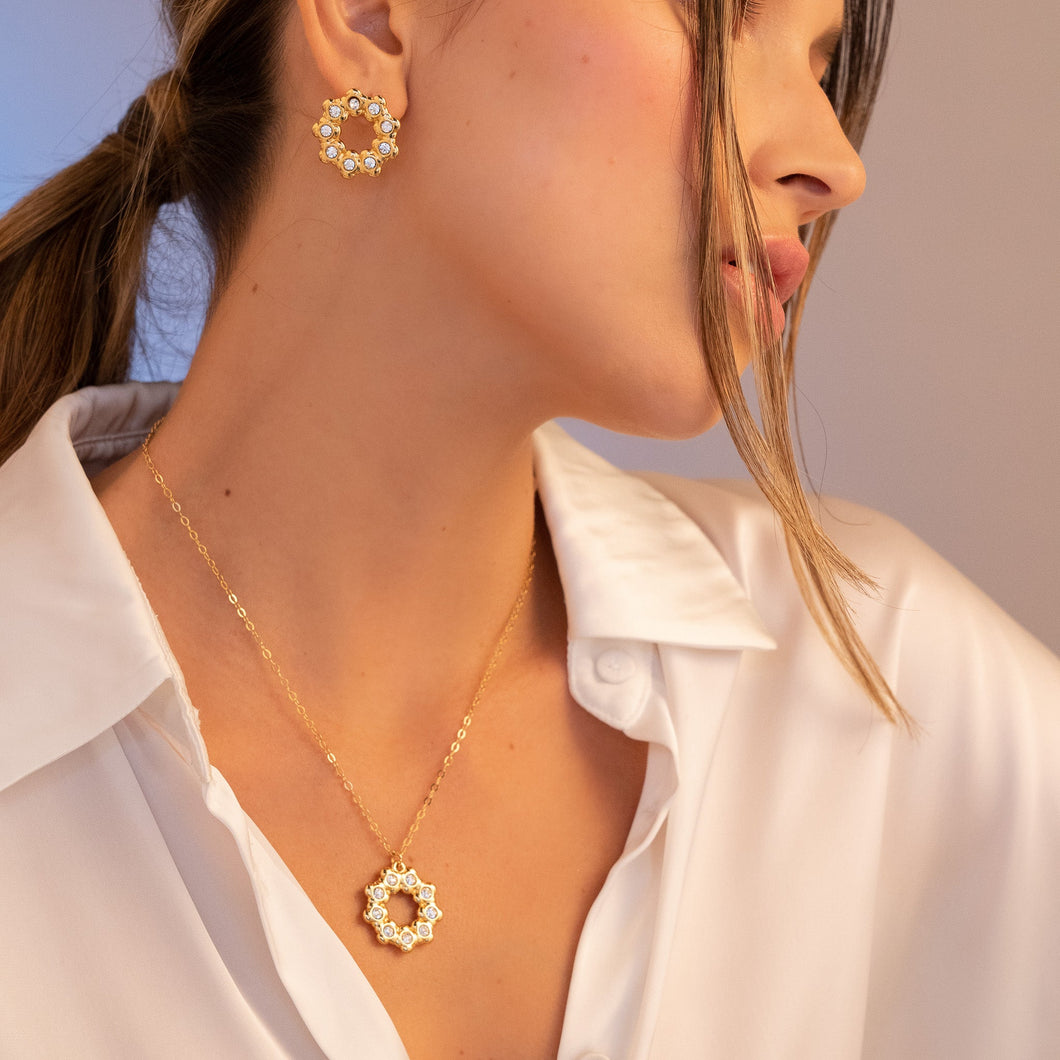Set Collar + Aretes Aros Con Cristales